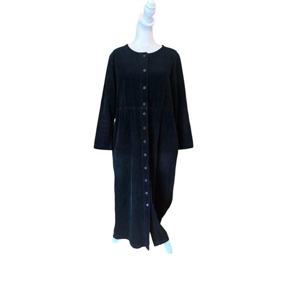 LL Bean Vintage Corduroy Black Midi Dress Long Sleeve Pockets Womens 12 Petite